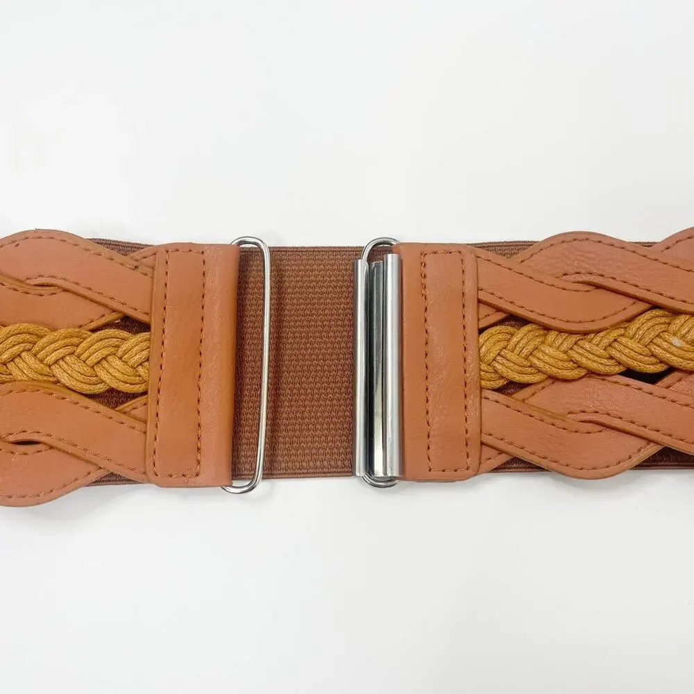2/$30 New Elastic Wide Waist Belt Braided Camel Brown Caramel Tan